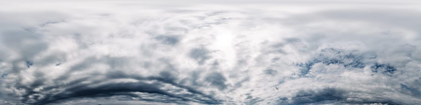 Dramatic overcast sky panorama with dark gloomy Cumulonimbus clouds. HDR 360 seamless spherical panorama. Sky dome in 3D, sky replacement for aerial drone panoramas. Weather and climate change