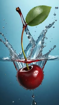 cherry with water splash isolated on background. 3d illustration.cherry splashing into water on background, close-up.Cherry falling into water with splash on background