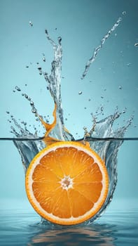 Fresh orange falling into water with splash on background, closeup.Orange in water splash on background. Concept of freshness and healthy eating.Fresh orange slice falling into water with splash on background,