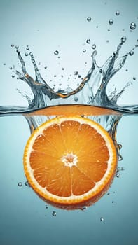 Fresh orange falling into water with splash on background, closeup.Orange in water splash on background. Concept of freshness and healthy eating.Fresh orange slice falling into water with splash on background,