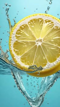 Fresh lemon falling into water with splash on background, closeup.Lemon falling into water with splash, isolated on background.