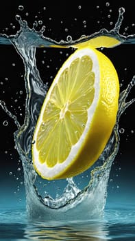 Fresh lemon falling into water with splash on background, closeup.Lemon falling into water with splash, isolated on background.