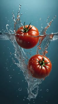 Fresh tomatoes falling into water with splash on blue background, closeup
