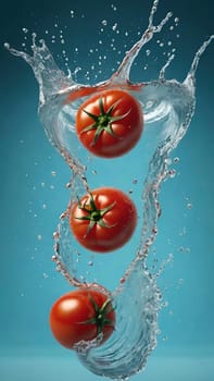 Fresh tomatoes falling into water with splash on blue background, closeup