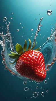 Strawberry in water splash, isolated on a blue background.Strawberry in water splash, isolated on blue background. 3d illustration.Strawberry falling into water with splash and ripples on blue background