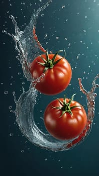 Fresh tomatoes falling into water with splash on blue background, closeup