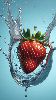 Strawberry in water splash, isolated on a blue background.Strawberry in water splash, isolated on blue background. 3d illustration.Strawberry falling into water with splash and ripples on blue background