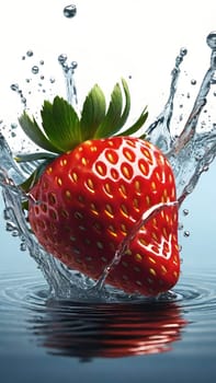 Strawberry in water splash, isolated on a blue background.Strawberry in water splash, isolated on blue background. 3d illustration.Strawberry falling into water with splash and ripples on blue background