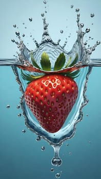 Strawberry in water splash, isolated on a blue background.Strawberry in water splash, isolated on blue background. 3d illustration.Strawberry falling into water with splash and ripples on blue background