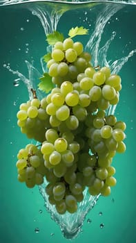 Grapes in water splash on background. Healthy food.Fresh green grapes with water splash on dark green background, close up.Green grape in water splash on green background. Ripe grapes in water splash.
