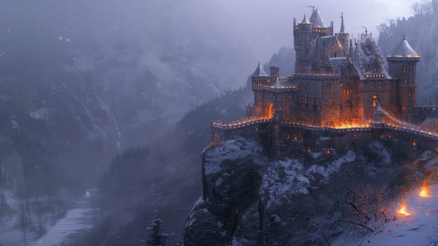 castle in mountain snow landscape in cold winter. Resplendent.