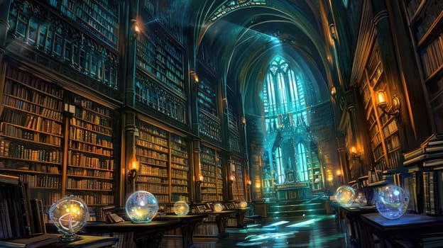 An ancient library filled with magical books, glowing orbs, and mystical artifacts. Shelves reach up to a high, vaulted ceiling, with soft light filtering through stained glass windows. Resplendent.