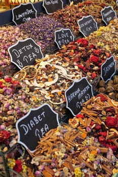 Colorful herbal tea from spice bazaar, traditional tea in Istanbul