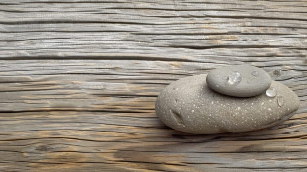 Zen pebbles with water drops on wood. Copy space. Created using AI generated technology and image editing software.