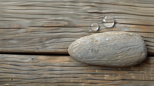 Oval pebble with droplets on weathered wood. Copy space. Created using AI generated technology and image editing software.