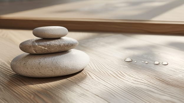Zen stacked pebbles on a wooden surface. Copy space. Created using AI generated technology and image editing software.