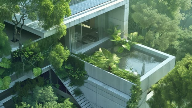 Modern eco friendly architecture with roof garden. Created using AI generated technology and image editing software.