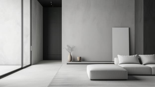 Stylish minimalist living room design. Copy space. Created using AI generated technology and image editing software.