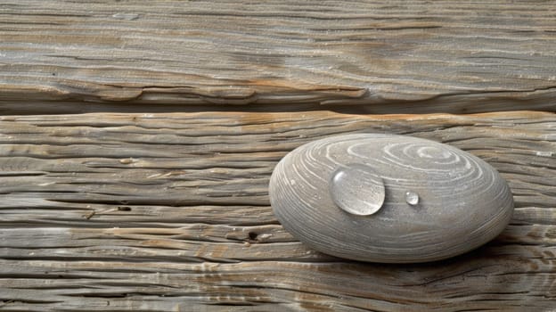Still life of pebble on textured wood. Copy space. Created using AI generated technology and image editing software.