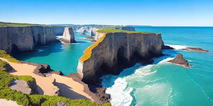 Stunning seascape, cliffs towering over the coastline, waves crashing below. Panorama. Generative AI.