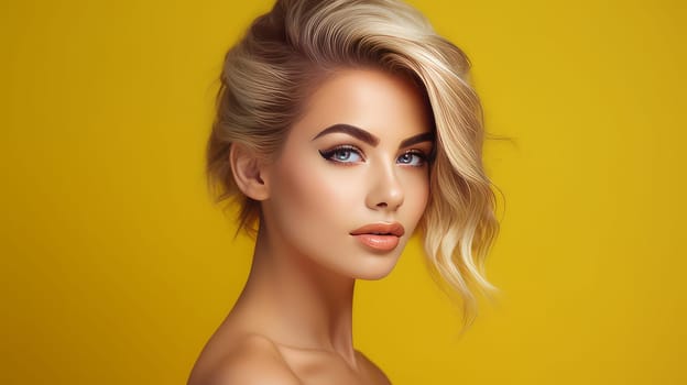 Portrait of a beautiful, elegant, sexy Caucasian woman with perfect skin, on a yellow background, banner. Advertising of cosmetic products, spa treatments, shampoos and hair care, dentistry and medicine, perfumes and cosmetology for women.