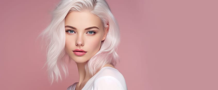 Portrait of a beautiful, elegant, sexy Caucasian woman with perfect skin and white long hair, on a pink background. Advertising of cosmetic products, spa treatments, shampoos and hair care, dentistry and medicine, perfumes and cosmetology for women.