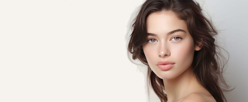 Portrait of a beautiful, elegant, sexy Caucasian woman with perfect skin, on a gray background, banner. Advertising of cosmetic products, spa treatments, shampoos and hair care, dentistry and medicine, perfumes and cosmetology for women.