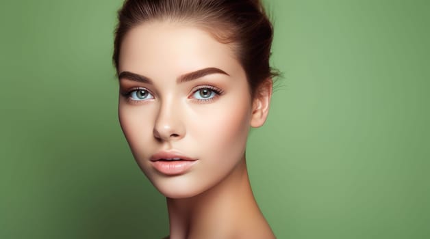 Portrait of a beautiful, elegant, sexy Caucasian woman with perfect skin, on a light green background, banner. Advertising of cosmetic products, spa treatments, shampoos and hair care, dentistry and medicine, perfumes and cosmetology for women.