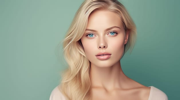 Portrait of a beautiful, sexy Caucasian woman with perfect skin and white long hair, on a light green background. Advertising of cosmetic products, spa treatments, shampoos and hair care, dentistry and medicine, perfumes and cosmetology for women.