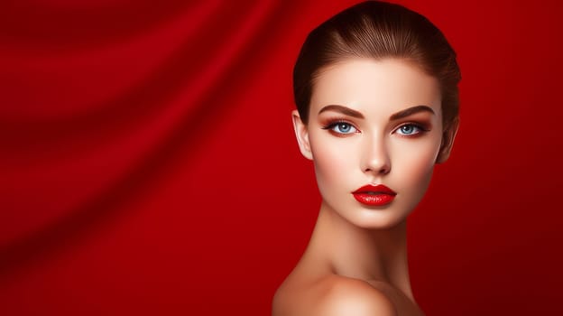 Portrait of a beautiful, elegant, sexy Caucasian woman with perfect skin, on a red background, banner. Advertising of cosmetic products, spa treatments, shampoos and hair care, dentistry and medicine, perfumes and cosmetology for women.