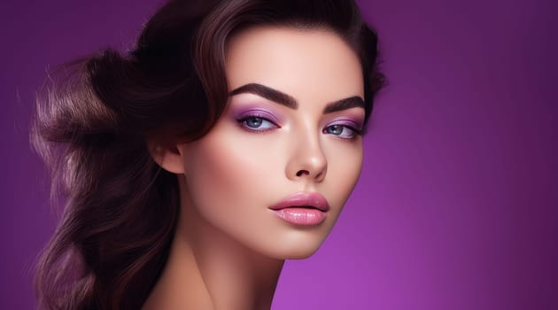 Portrait of a beautiful, elegant, sexy Caucasian woman with perfect skin, on a purple background, banner. Advertising of cosmetic products, spa treatments, shampoos and hair care, dentistry and medicine, perfumes and cosmetology for women.