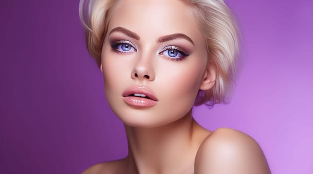 Portrait of a beautiful, sexy Caucasian woman with perfect skin and white long hair, on a purple background. Advertising of cosmetic products, spa treatments, shampoos and hair care, dentistry and medicine, perfumes and cosmetology for women.