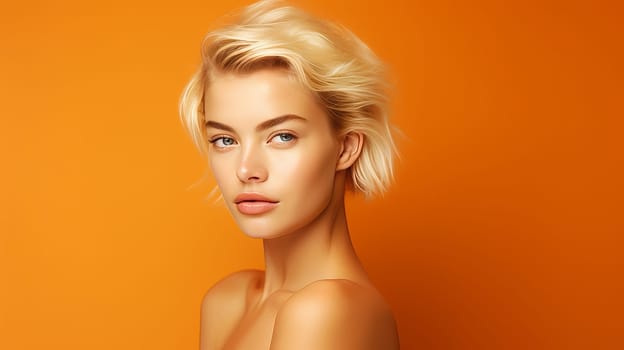 Portrait of a beautiful, sexy Caucasian woman with perfect skin and white long hair, on an orange background. Advertising of cosmetic products, spa treatments, shampoos and hair care, dentistry and medicine, perfumes and cosmetology for women.