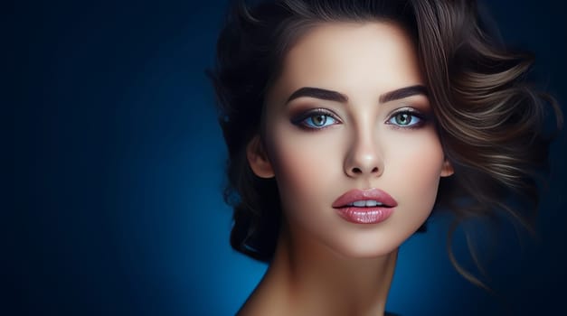 Portrait of a beautiful, elegant, sexy Caucasian woman with perfect skin, on a dark blue background, banner. Advertising of cosmetic products, spa treatments, shampoos and hair care, dentistry and medicine, perfumes and cosmetology for women.