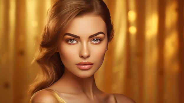 Portrait of a beautiful, elegant, sexy Caucasian woman with perfect skin, on a golden background, banner. Advertising of cosmetic products, spa treatments, shampoos and hair care, dentistry and medicine, perfumes and cosmetology for women.