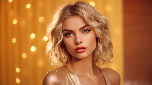 Portrait of a beautiful, sexy Caucasian woman with perfect skin and white long hair, on a golden background. Advertising of cosmetic products, spa treatments, shampoos and hair care, dentistry and medicine, perfumes and cosmetology for women.