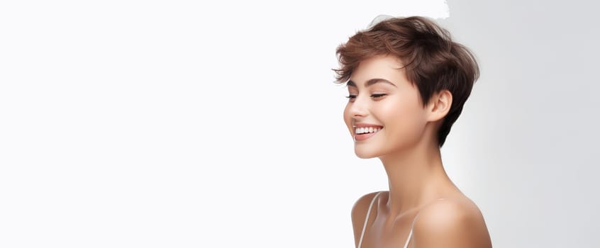 Portrait of a beautiful, sexy smiling Caucasian woman with perfect skin and short haircut, on a white background. Advertising of cosmetic products, spa treatments, shampoos and hair care, dentistry and medicine, perfumes and cosmetology for women.