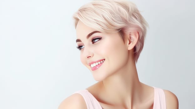 Portrait of a beautiful, sexy Caucasian woman with perfect skin and white short hair, on a white background. Advertising of cosmetic products, spa treatments, shampoos and hair care, dentistry and medicine, perfumes and cosmetology for women.