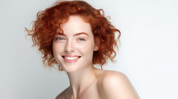 Portrait of an elegant, sexy smiling woman with perfect skin and short red hair, on a white background, banner. Advertising of cosmetic products, spa treatments, shampoos and hair care, dentistry and medicine, perfumes and cosmetology for women.