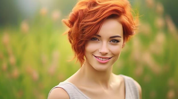 Portrait of an elegant, sexy smiling woman with perfect skin and short red hair, on a purple background, banner. Advertising of cosmetic products, spa treatments, shampoos and hair care, dentistry and medicine, perfumes and cosmetology for women.