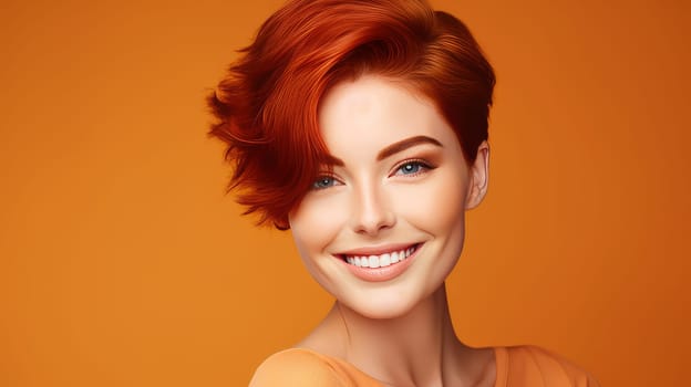 Portrait of an elegant, sexy smiling woman with perfect skin and short red hair, on an orange background, banner. Advertising of cosmetic products, spa treatments, shampoos and hair care, dentistry and medicine, perfumes and cosmetology for women.