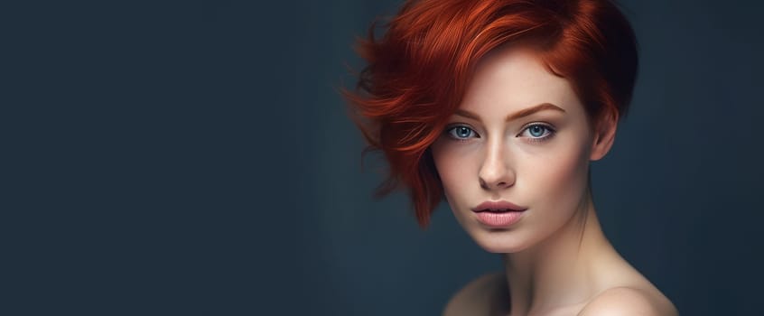 Portrait of an elegant, sexy smiling woman with perfect skin and short red hair, on a dark blue background, banner. Advertising of cosmetic products, spa treatments, shampoos and hair care, dentistry and medicine, perfumes and cosmetology for women.