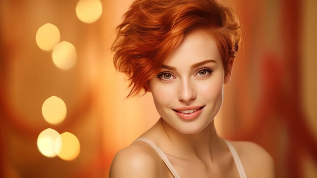 Portrait of an elegant, sexy smiling woman with perfect skin and short red hair, on a golden background, banner. Advertising of cosmetic products, spa treatments, shampoos and hair care, dentistry and medicine, perfumes and cosmetology for women.