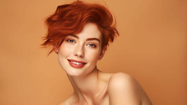 Portrait of an elegant, sexy smiling woman with perfect skin and short red hair, on a creamy beige background, banner. Advertising of cosmetic products, spa treatments, shampoos and hair care dentistry and medicine, perfumes and cosmetology for women