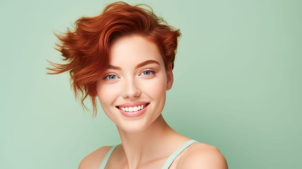 Portrait of an elegant, sexy smiling woman with perfect skin and short red hair, on a light green background, banner. Advertising of cosmetic products, spa treatments, shampoos and hair care, dentistry and medicine, perfumes and cosmetology for women