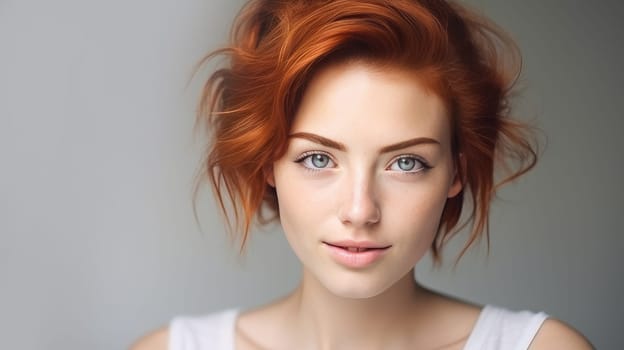 Portrait of an elegant, sexy smiling woman with perfect skin and short red hair, on a gray background, banner. Advertising of cosmetic products, spa treatments, shampoos and hair care, dentistry and medicine, perfumes and cosmetology for women.