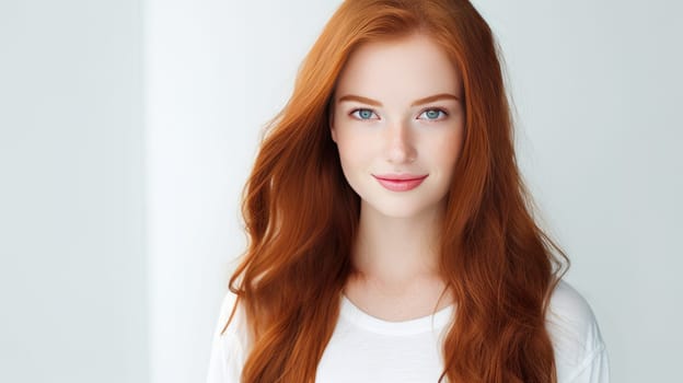 Portrait of an elegant, sexy smiling woman with perfect skin and long red hair, on a white background, banner. Advertising of cosmetic products, spa treatments, shampoos and hair care, dentistry and medicine, perfumes and cosmetology for women.