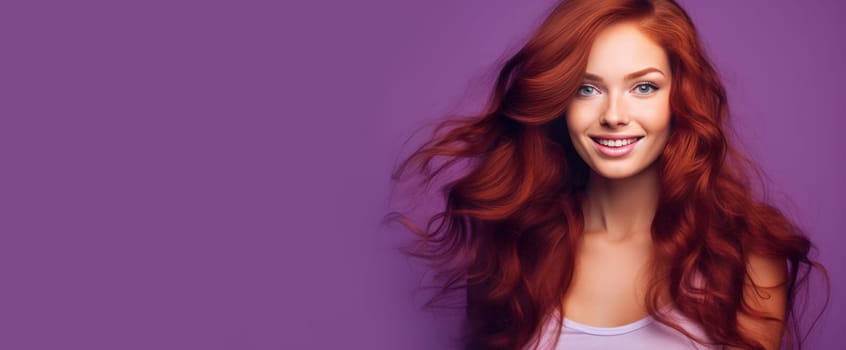 Portrait of an elegant, sexy smiling woman with perfect skin and long red hair, on a purple background, banner. Advertising of cosmetic products, spa treatments, shampoos and hair care, dentistry and medicine, perfumes and cosmetology for women.