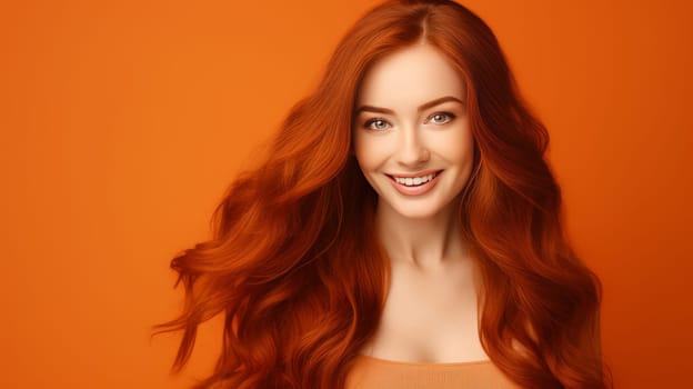 Portrait of an elegant, sexy smiling woman with perfect skin and long red hair, on an orange background, banner. Advertising of cosmetic products, spa treatments, shampoos and hair care, dentistry and medicine, perfumes and cosmetology for women.