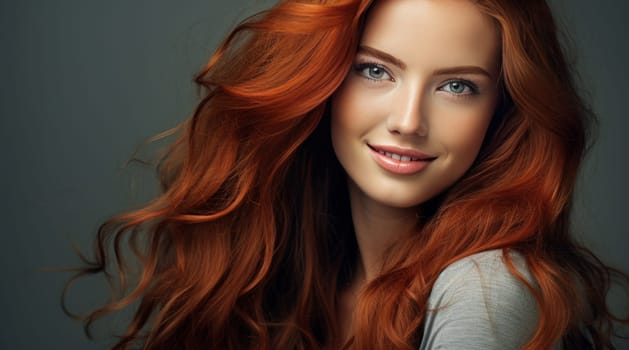 Portrait of an elegant, sexy smiling woman with perfect skin and long red hair, on a gray background, banner. Advertising of cosmetic products, spa treatments, shampoos and hair care, dentistry and medicine, perfumes and cosmetology for women.